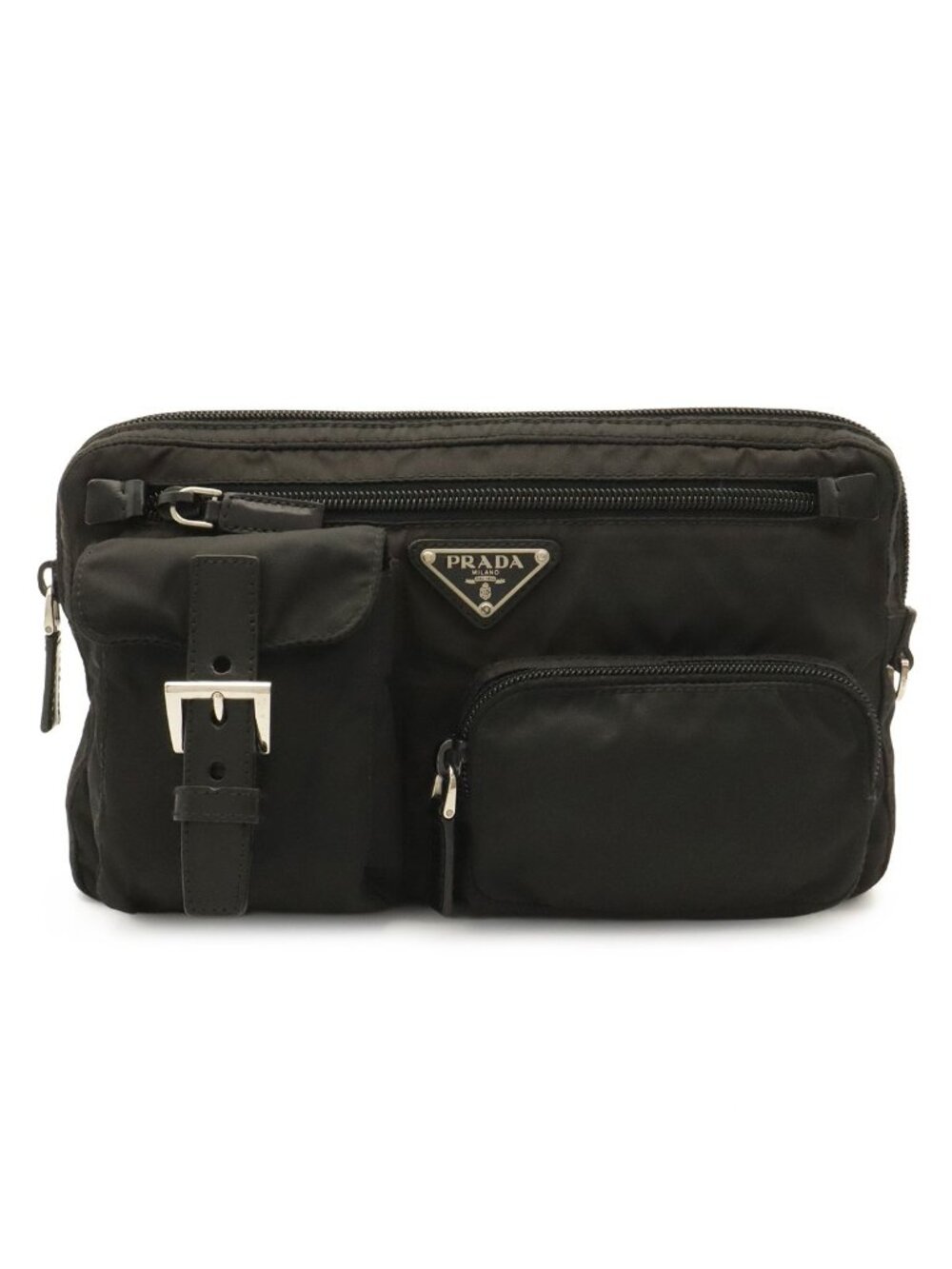 Prada Triangle Logo Belt Bag Waist Pouch Nylon Leather Nero Black Silver